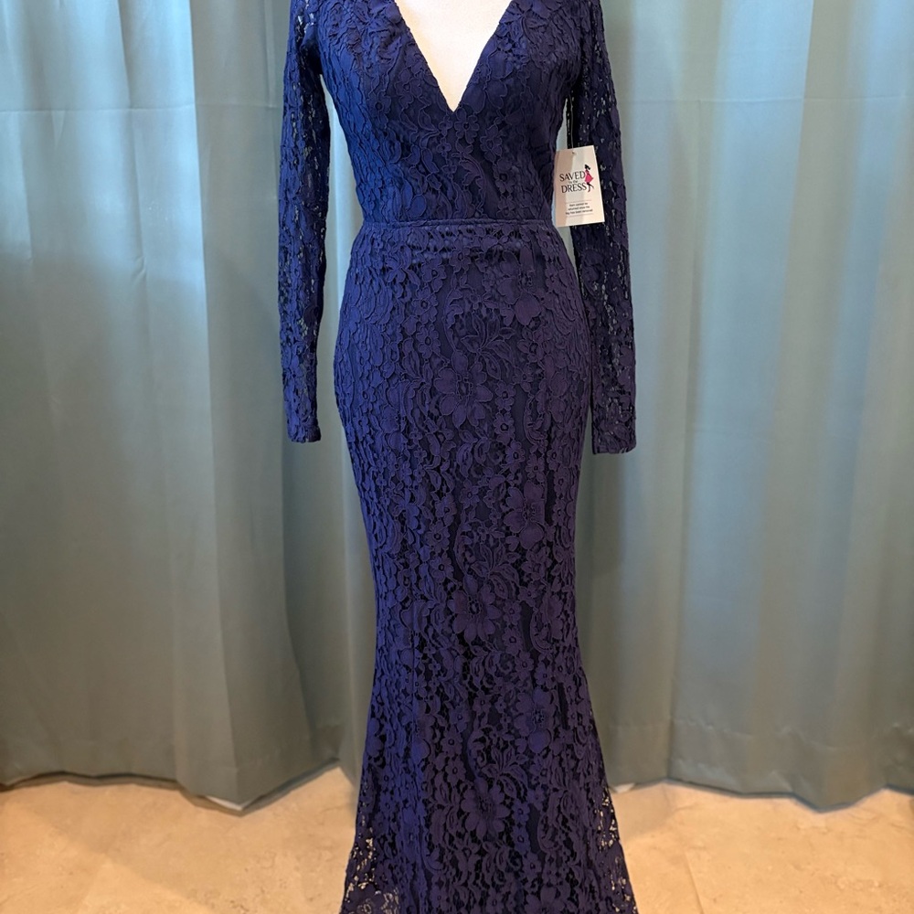 Blue Long Sleeve V-Neck Gown for Wedding Guest